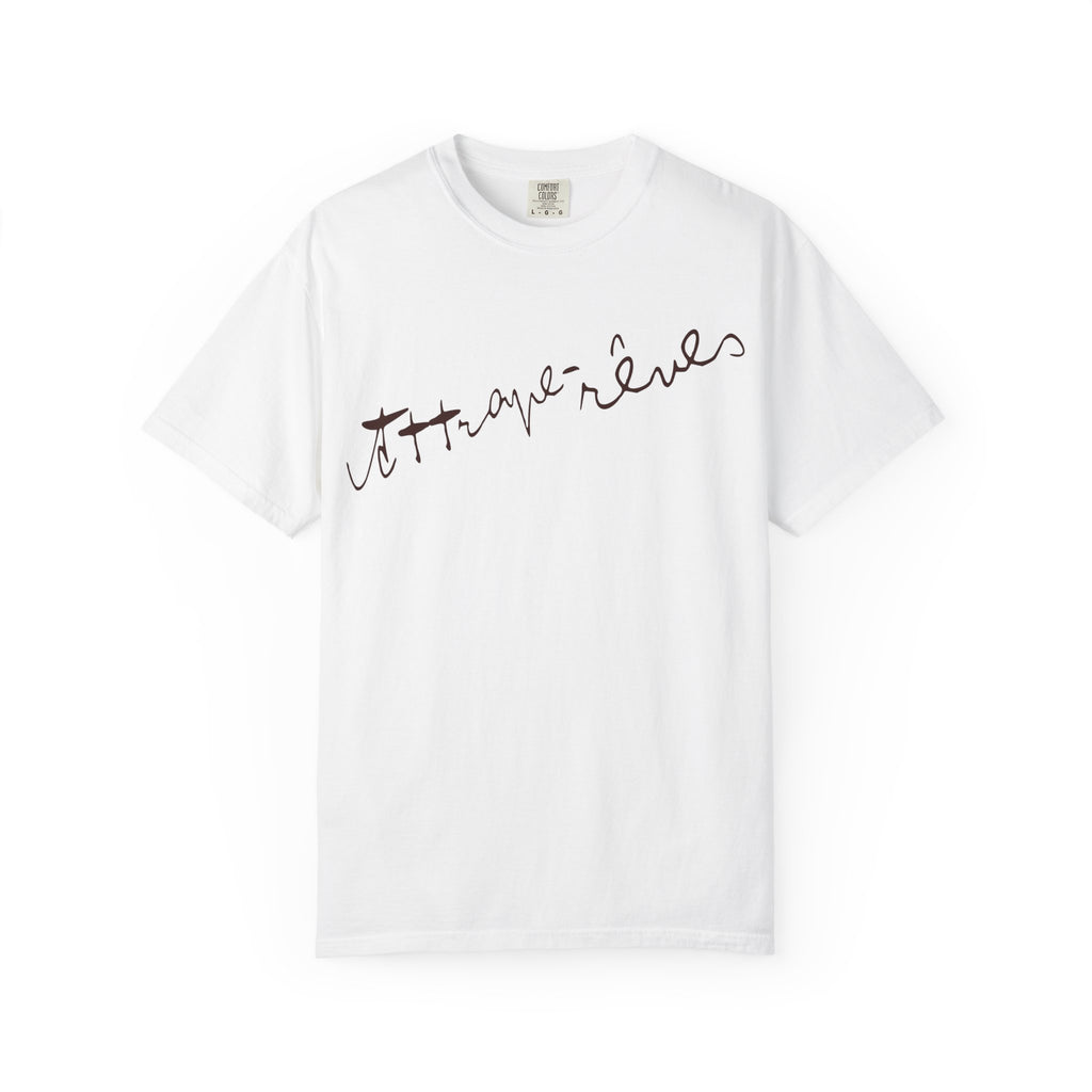White t-shirt with brown text on a white background