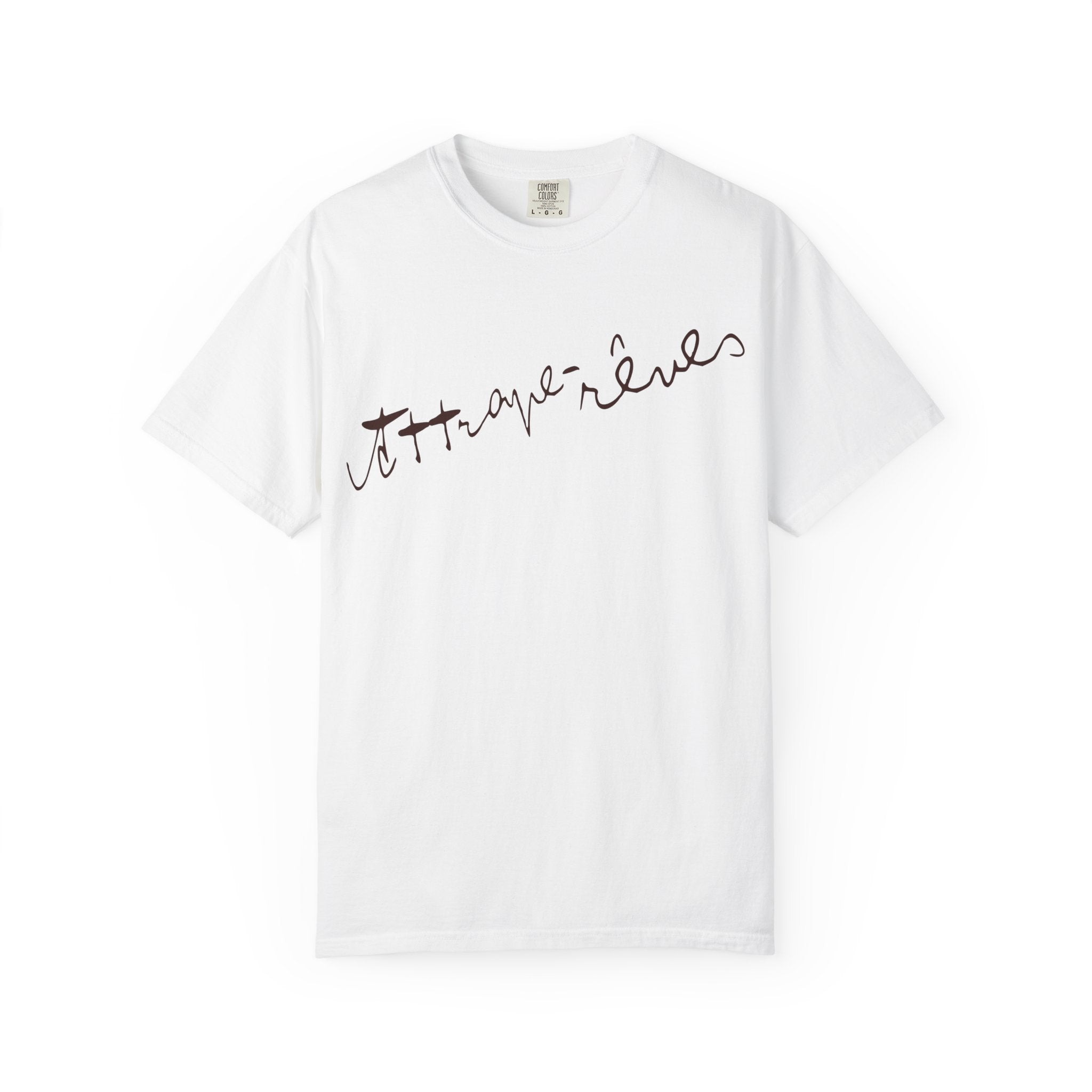 White t-shirt with brown text on a white background