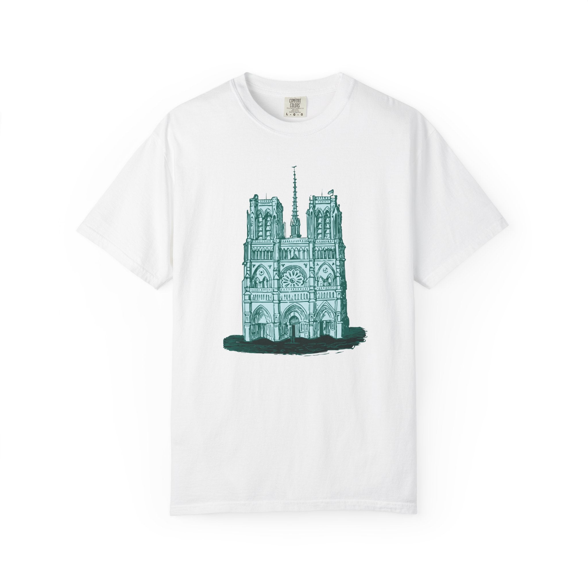 White t-shirt with a green cathedral graphic on a white background