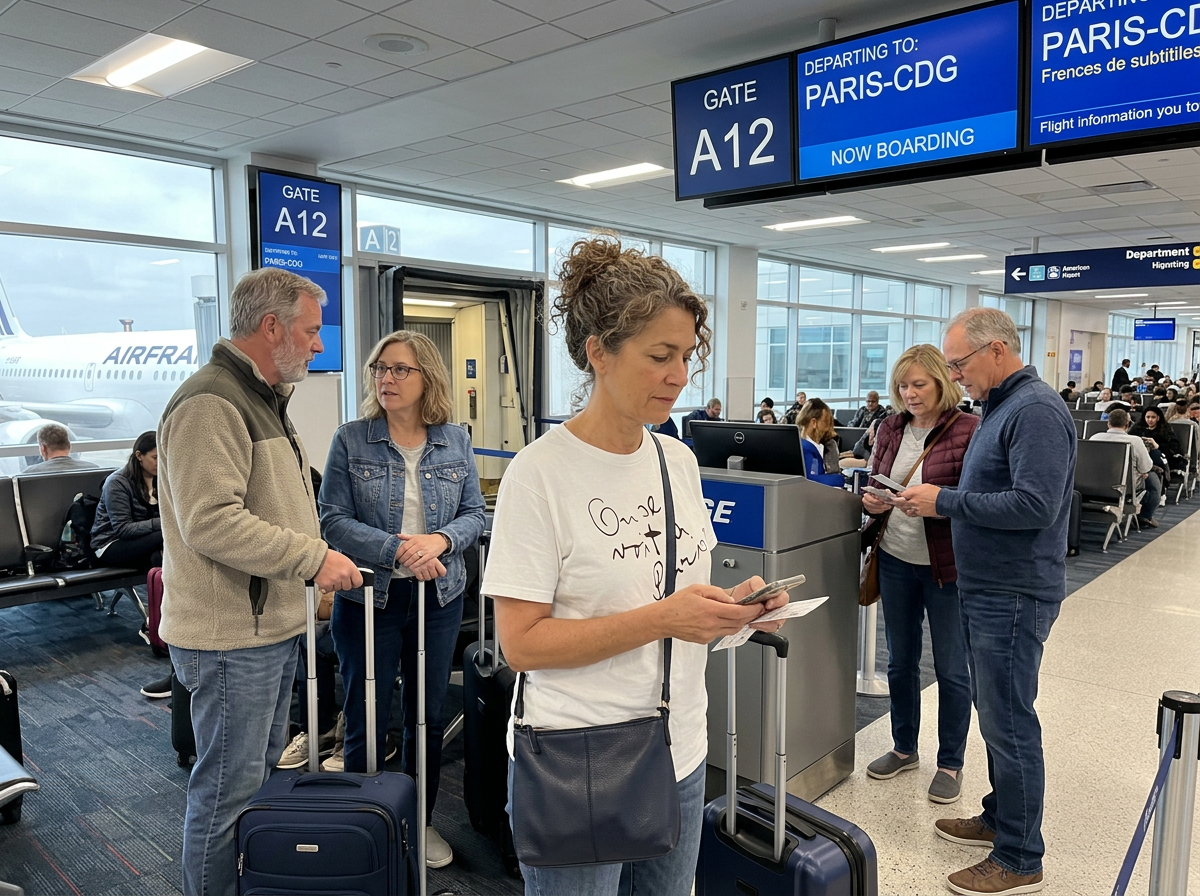 People at an airport check-in counter with gates and airplane visible