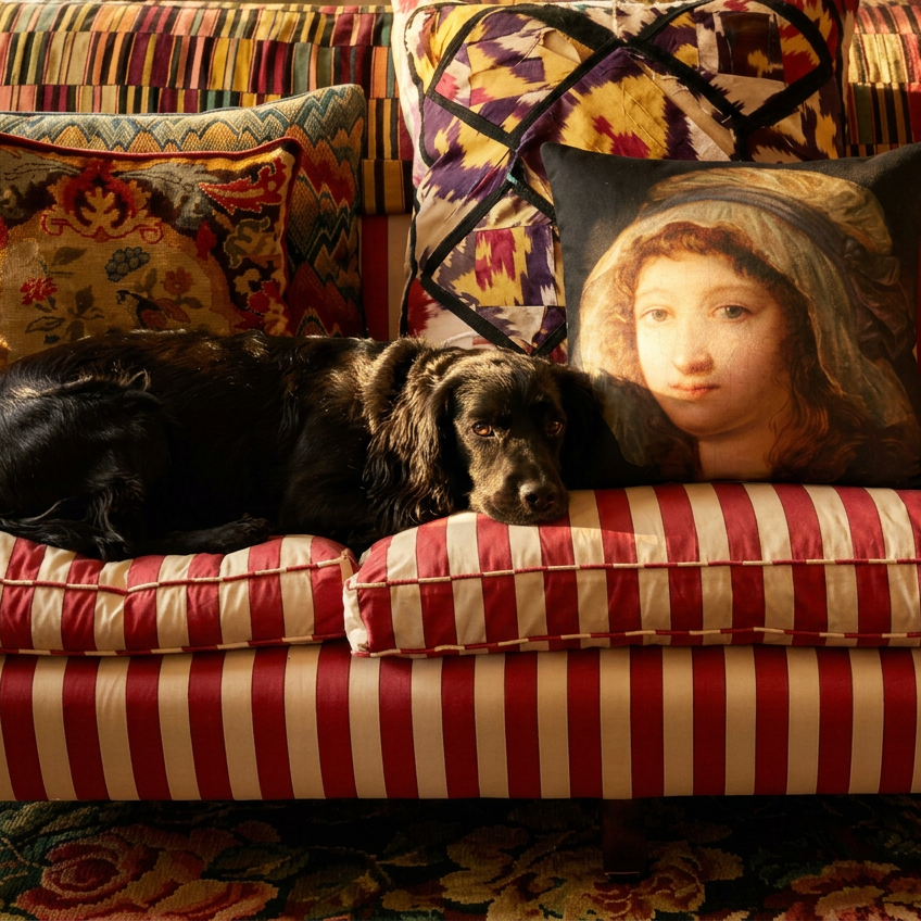Dog lying on a colorful sofa with a decorative pillow featuring a portrait.