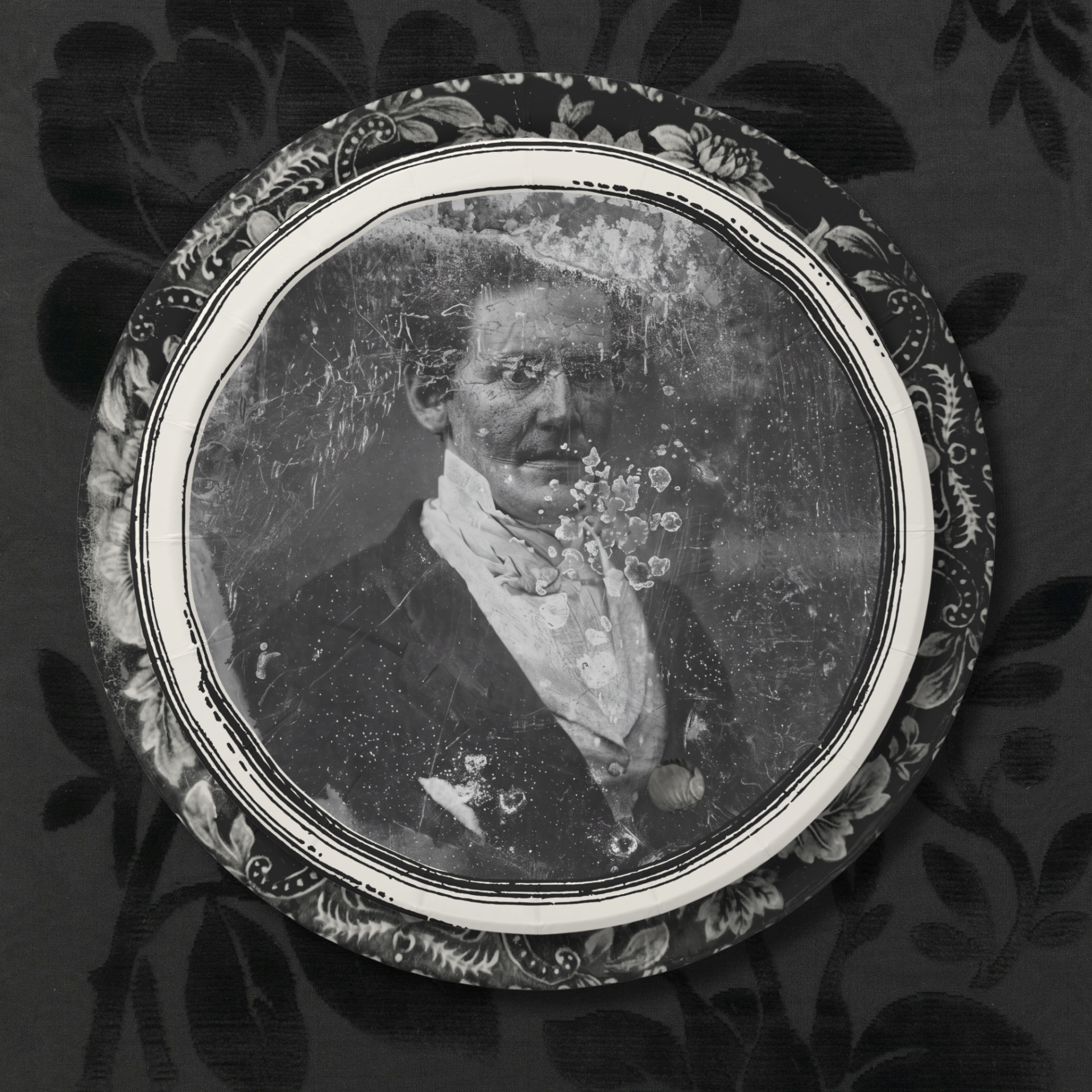 Le Docteur decayed daguerreotype ghost Halloween paper plate, overhead