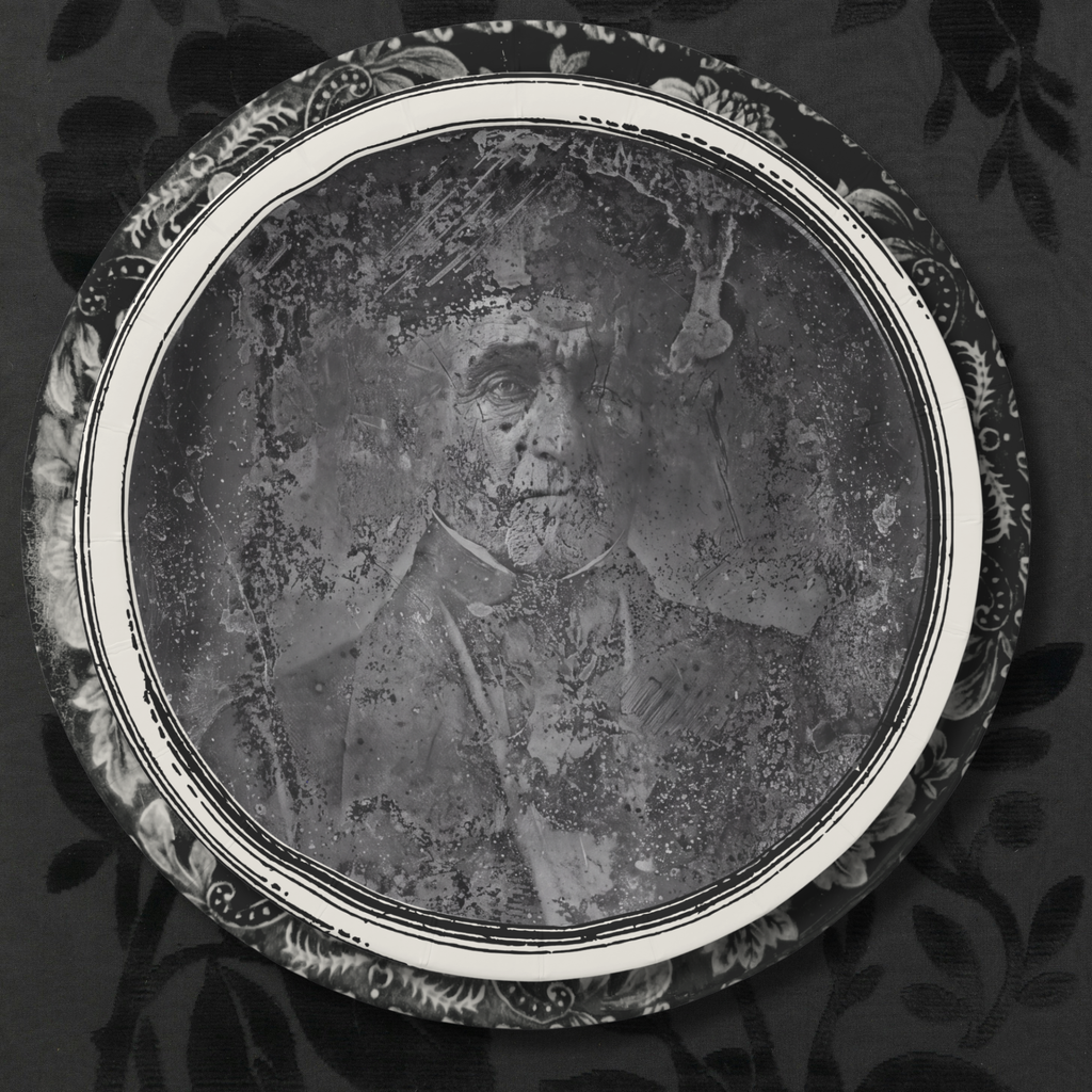 Le Colonel decayed daguerreotype ghost Halloween paper plate, overhead
