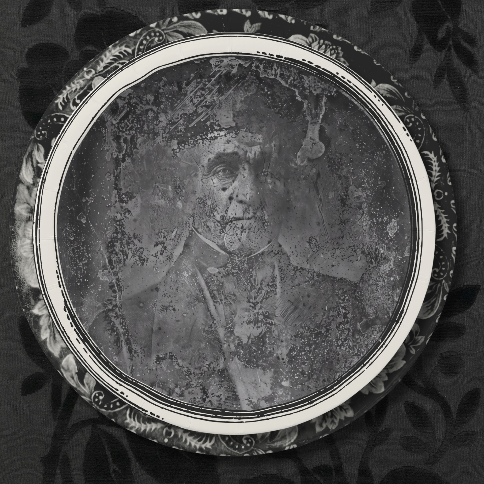 Le Colonel decayed daguerreotype ghost Halloween paper plate, overhead