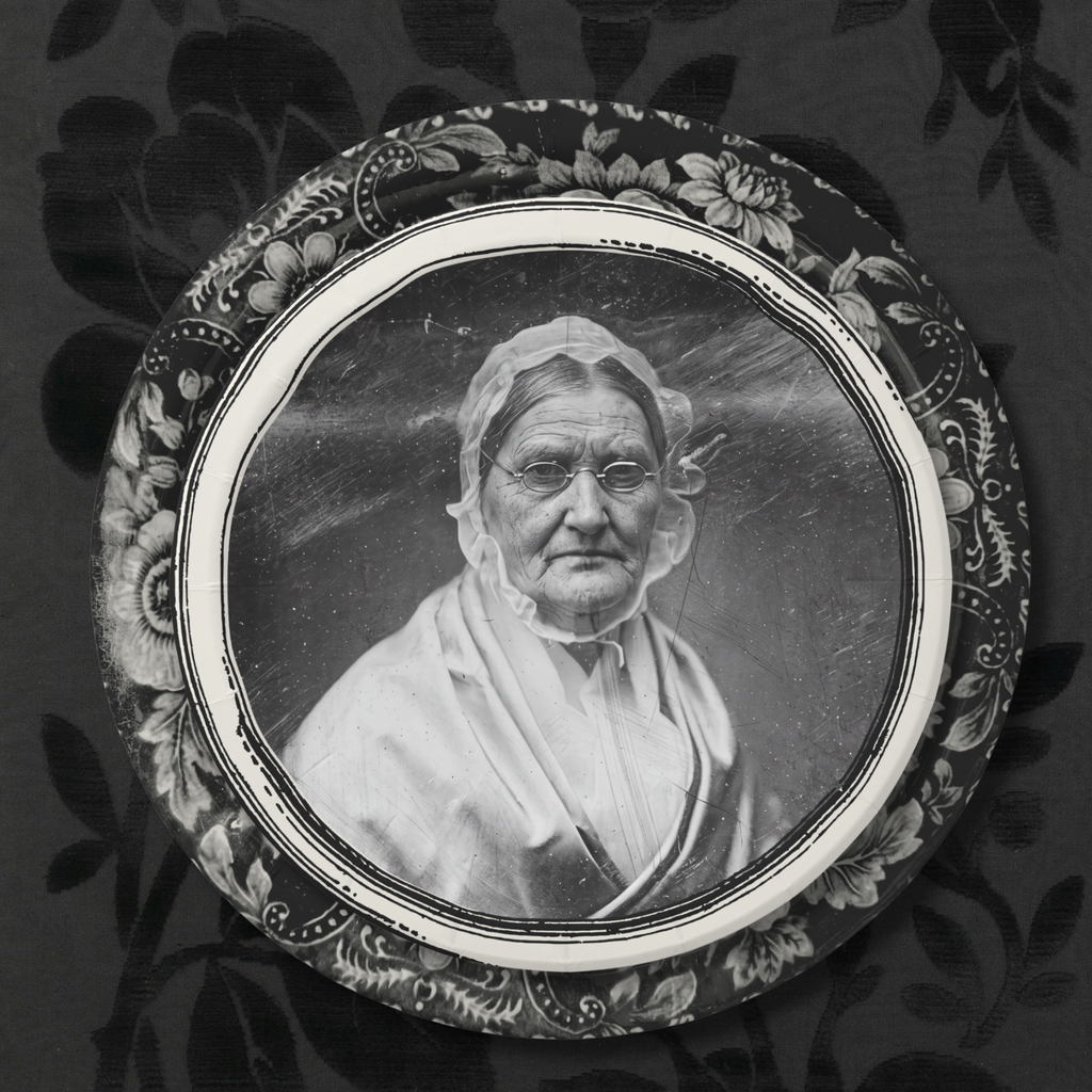 La Douairière decayed daguerreotype ghost Halloween paper plate,