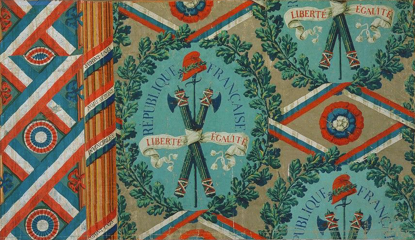 Decorative fabric with French Republic symbols, including a fasces and 'Liberté Egalité' banners.