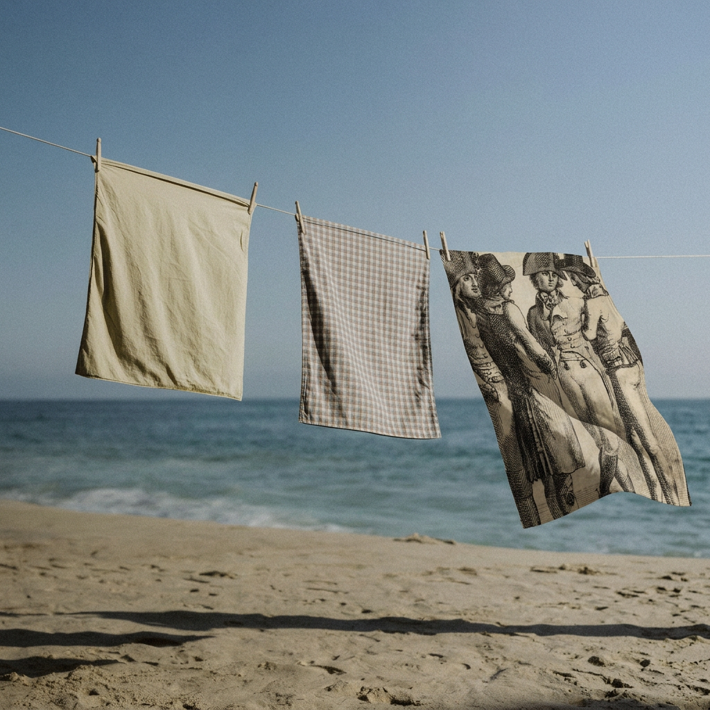 Three towels hanging on a clothesline with ocean and sky in the background