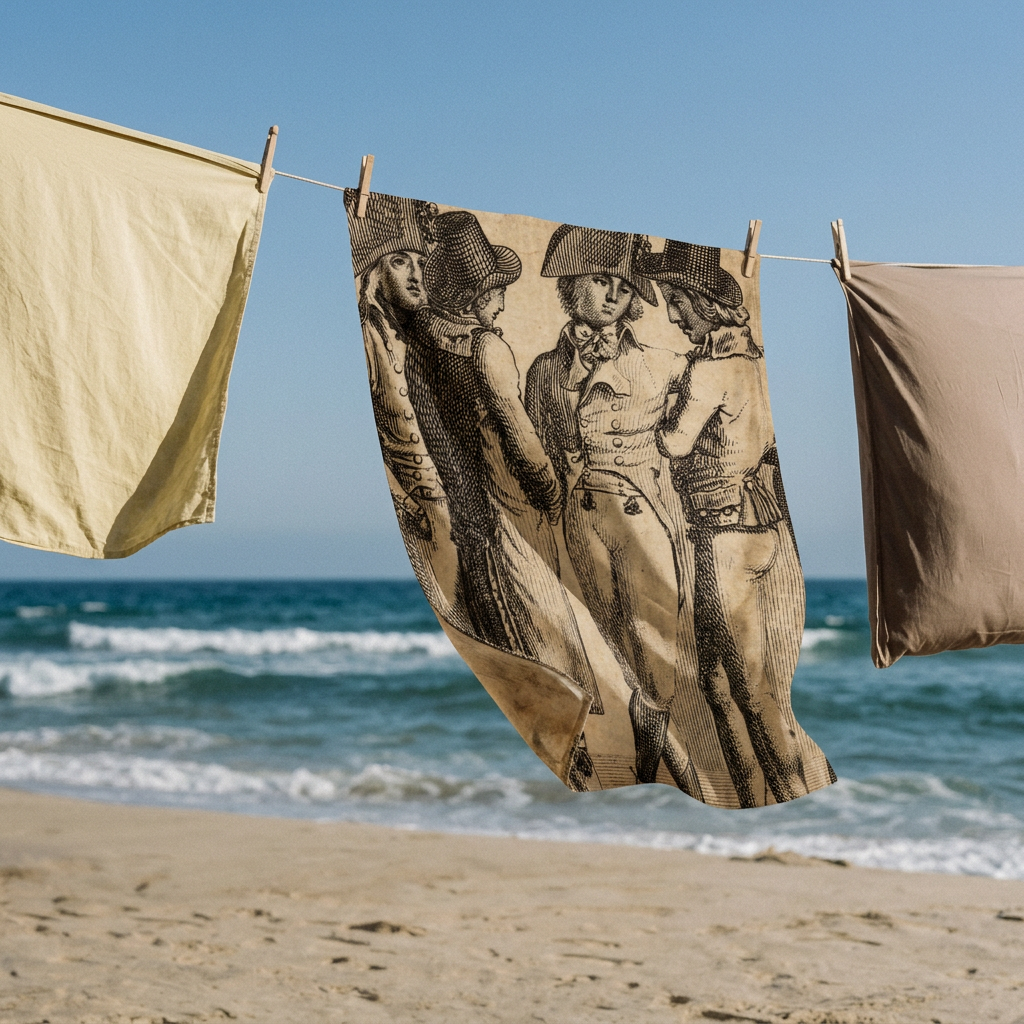 Towel with historical design of three people hanging on a clothesline by the ocean.