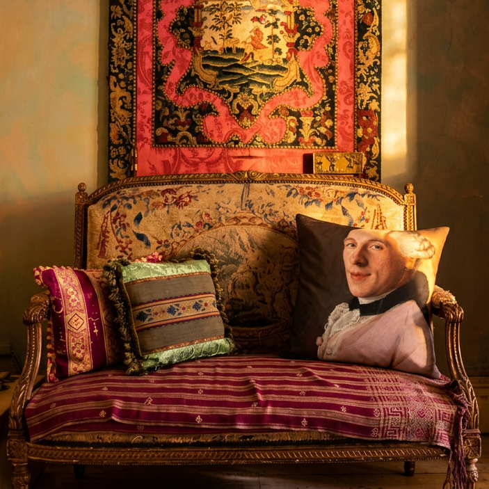 Decorative sofa with patterned cushions and a tapestry in the background