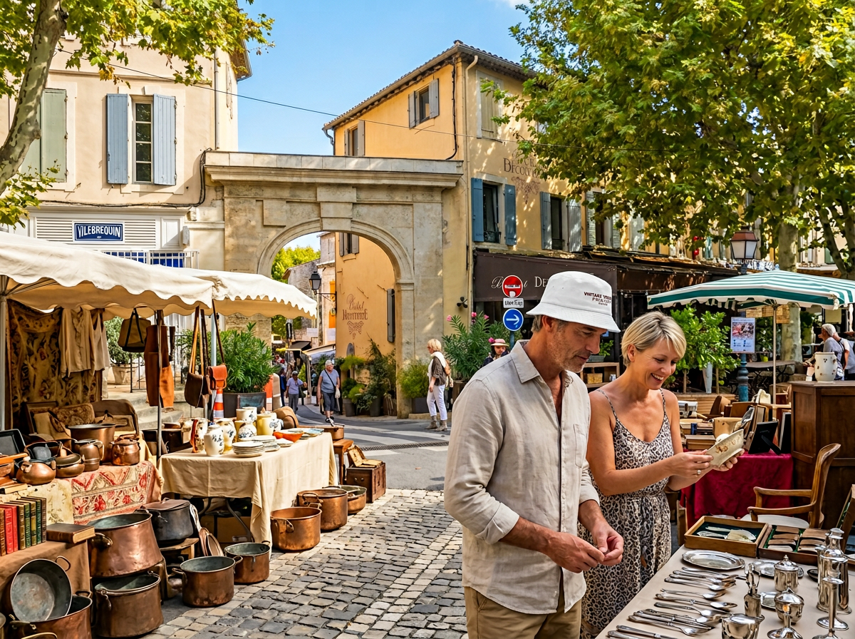 Couple shopping at an outdoor market in the south of France