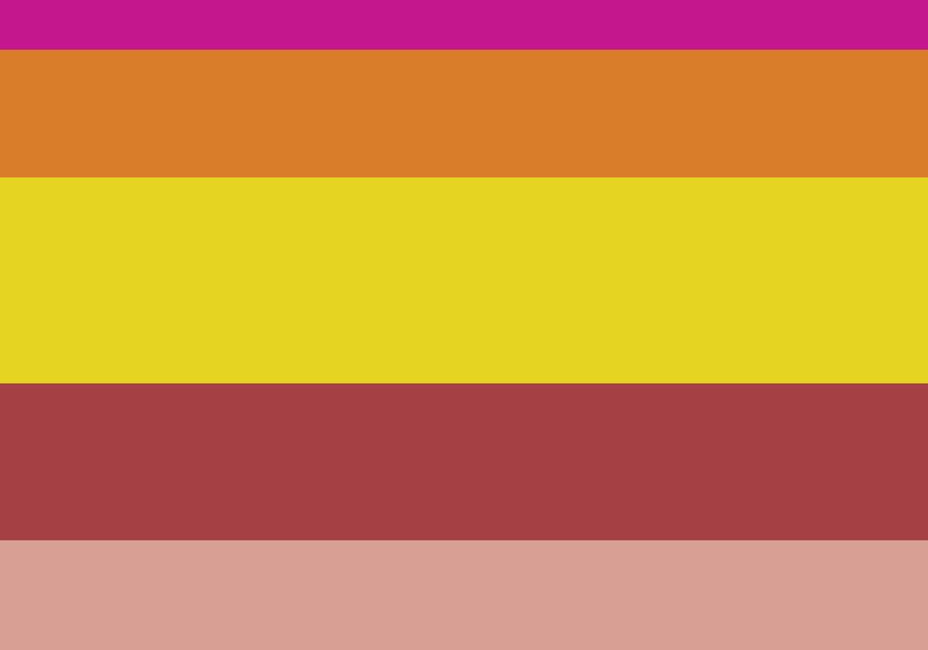 Color swatch with horizontal stripes in purple, orange, yellow, red, and pink.