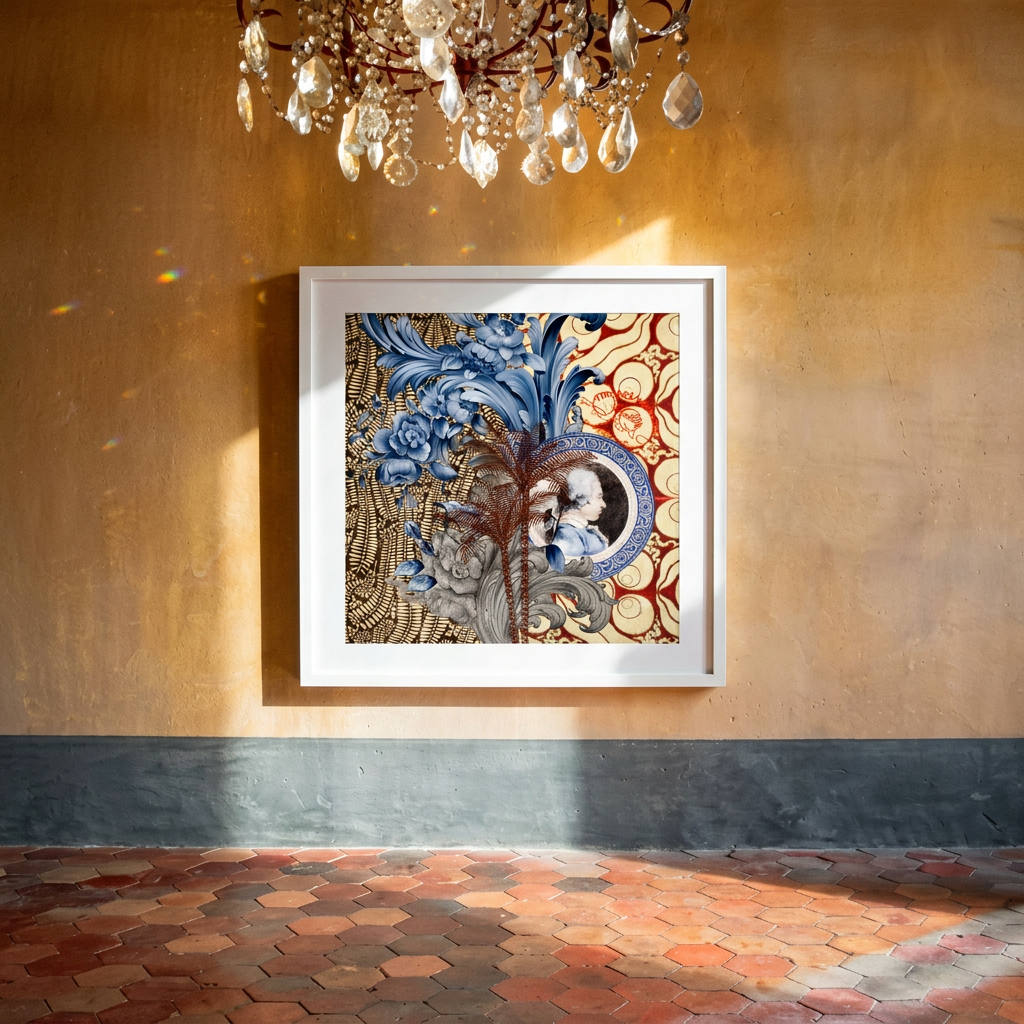 Framed artwork on a wall with a chandelier above