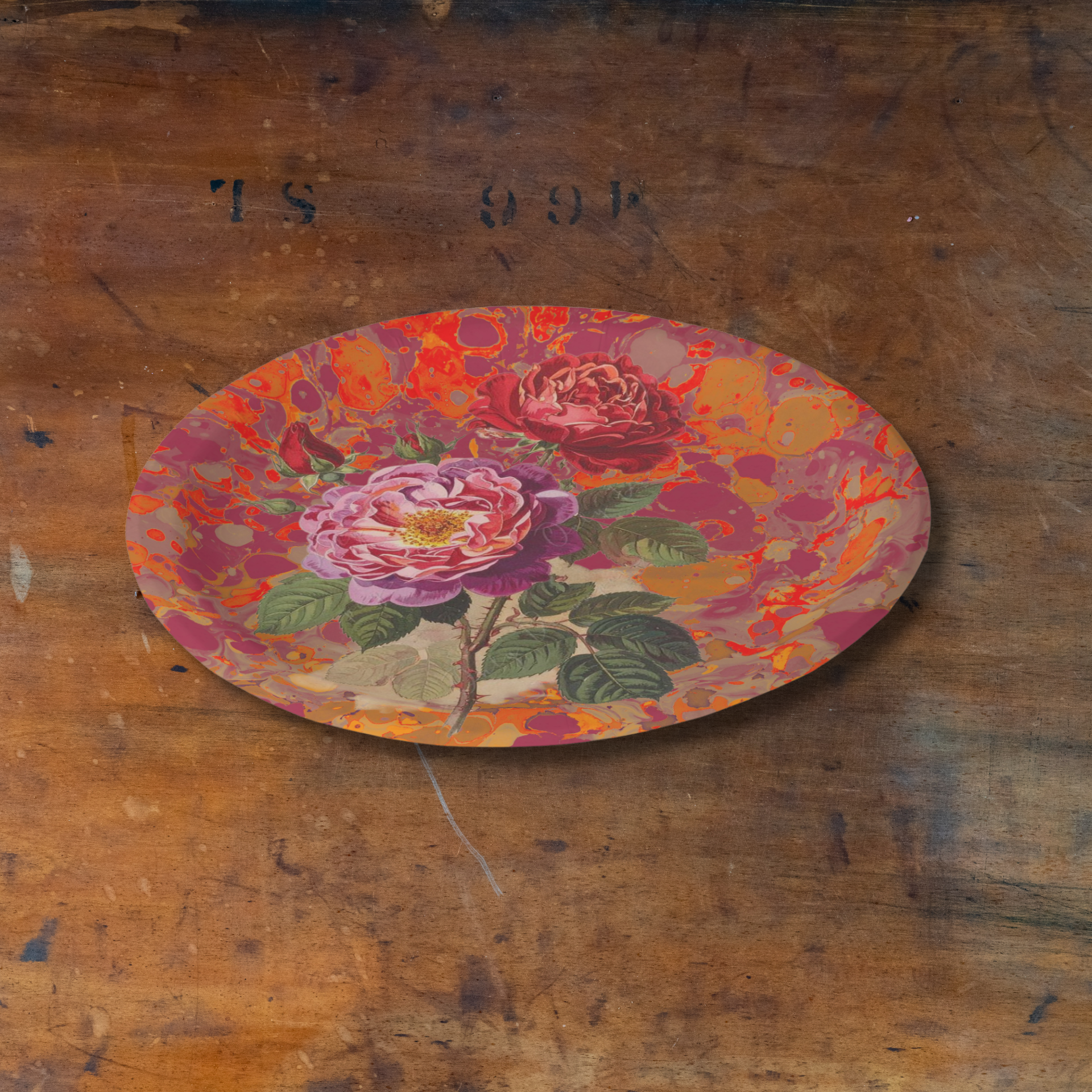 Vintage Voyagers Crimson Plate on wood table