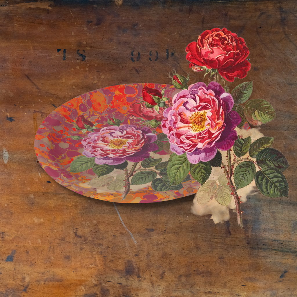 Vintage Voyagers Crimson Plate on wood table ROSE