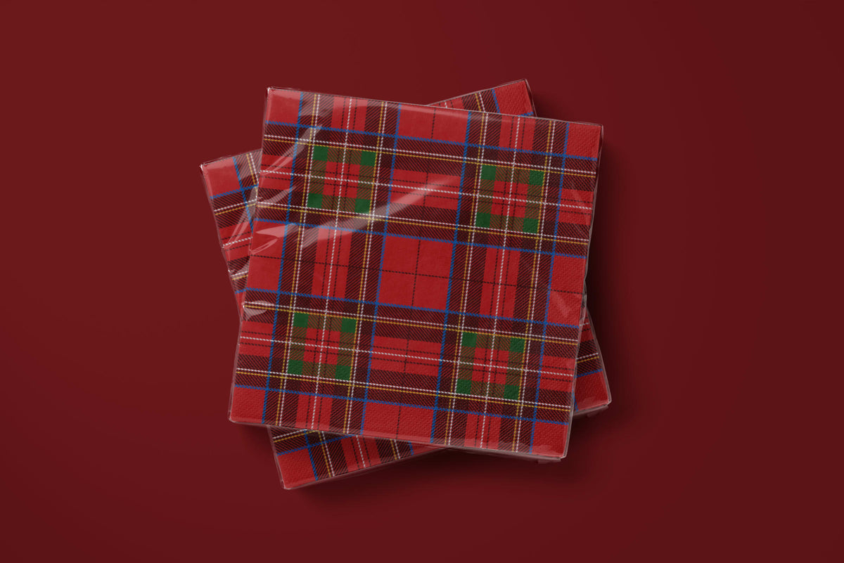 Noël Le Tartan paper napkins on a deep red ground — two napkins stacked
