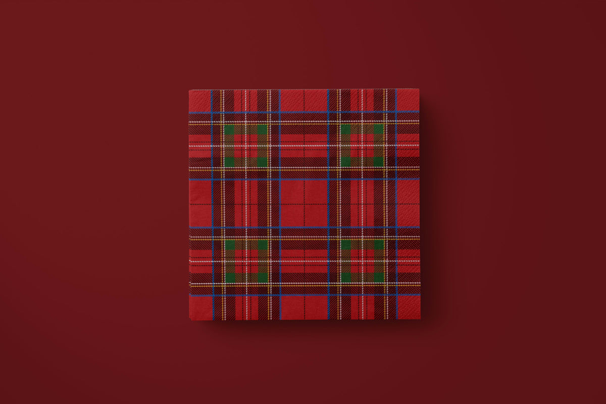 Noël Le Tartan paper napkins on a deep red ground — a single napkin laid flat