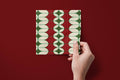 Noël Mod paper napkins on a deep red ground — a napkin held in hand
