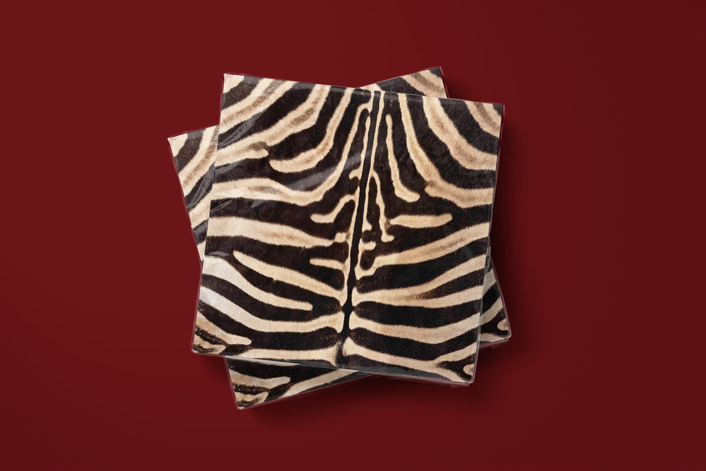 Vintage Voyagers France Noël Le Zèbre Paper Napkins — zebra print napkins on a deep red ground