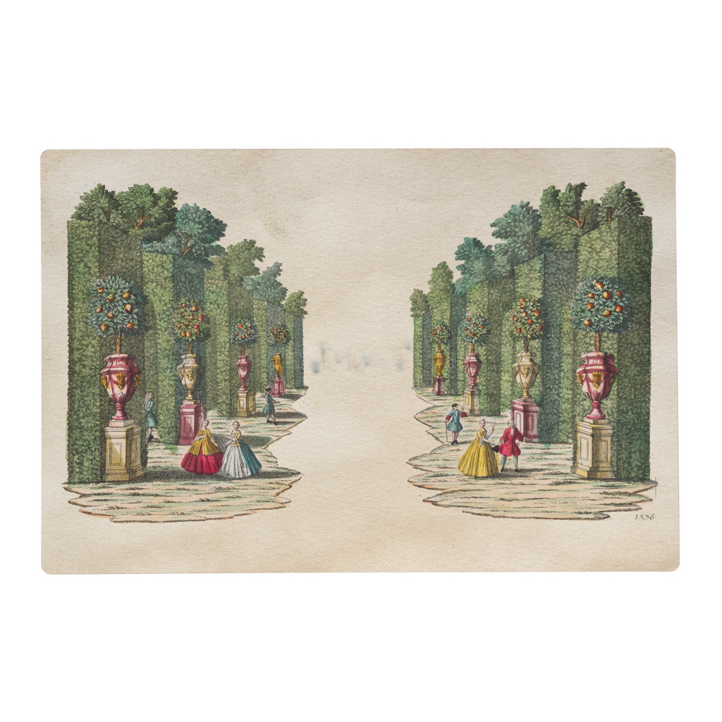 Decorative mat with a classical garden design featuring people, trees, and urns.