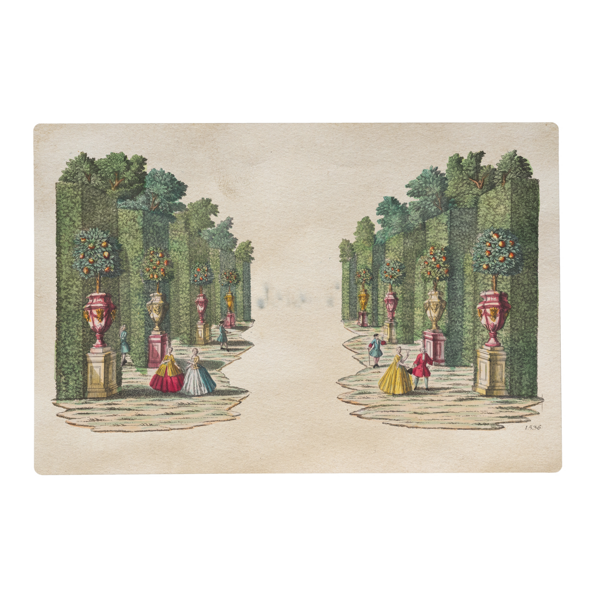 Decorative mat with a classical garden design featuring people, trees, and urns.