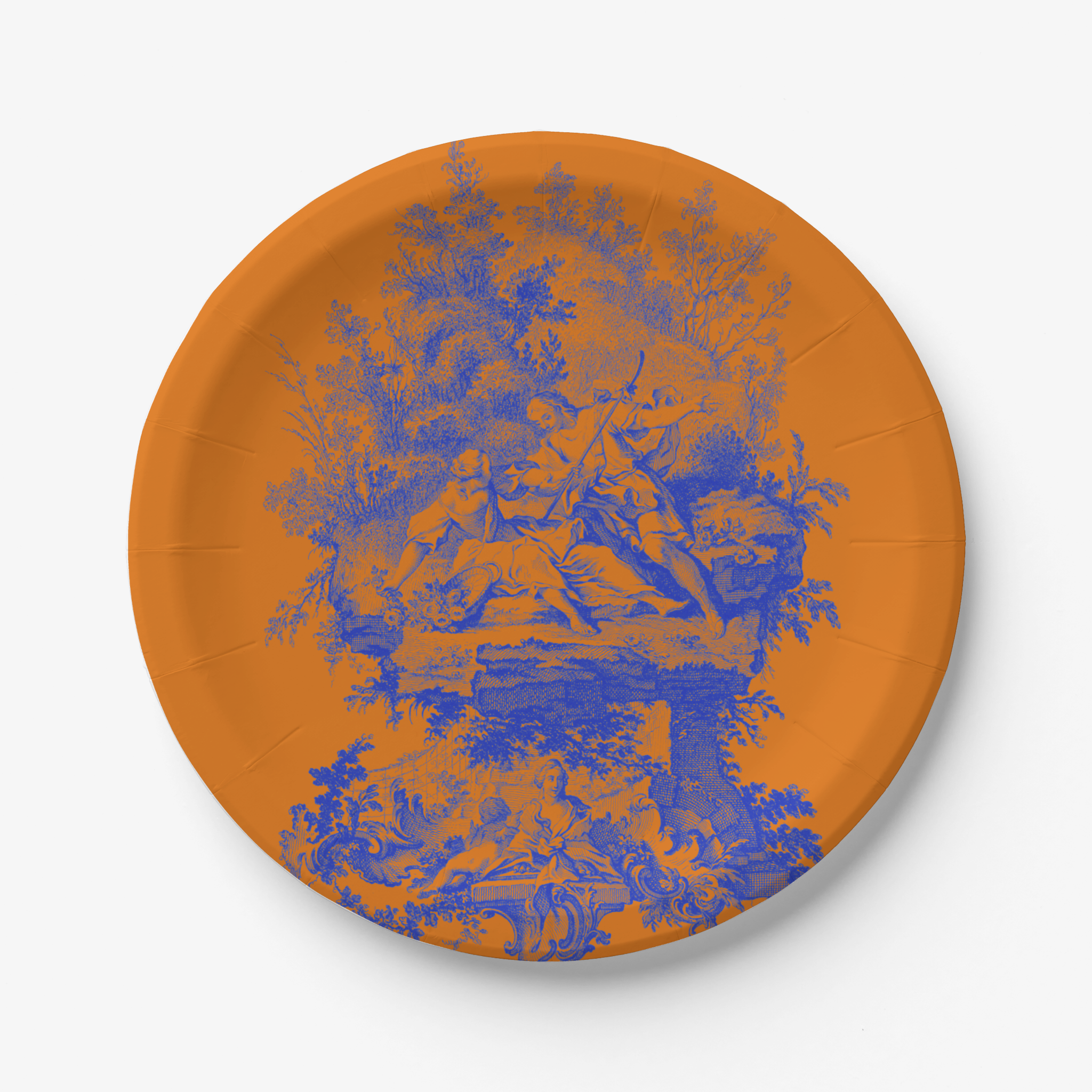 Toile paper plate with blue and orange comlimentary Colors
