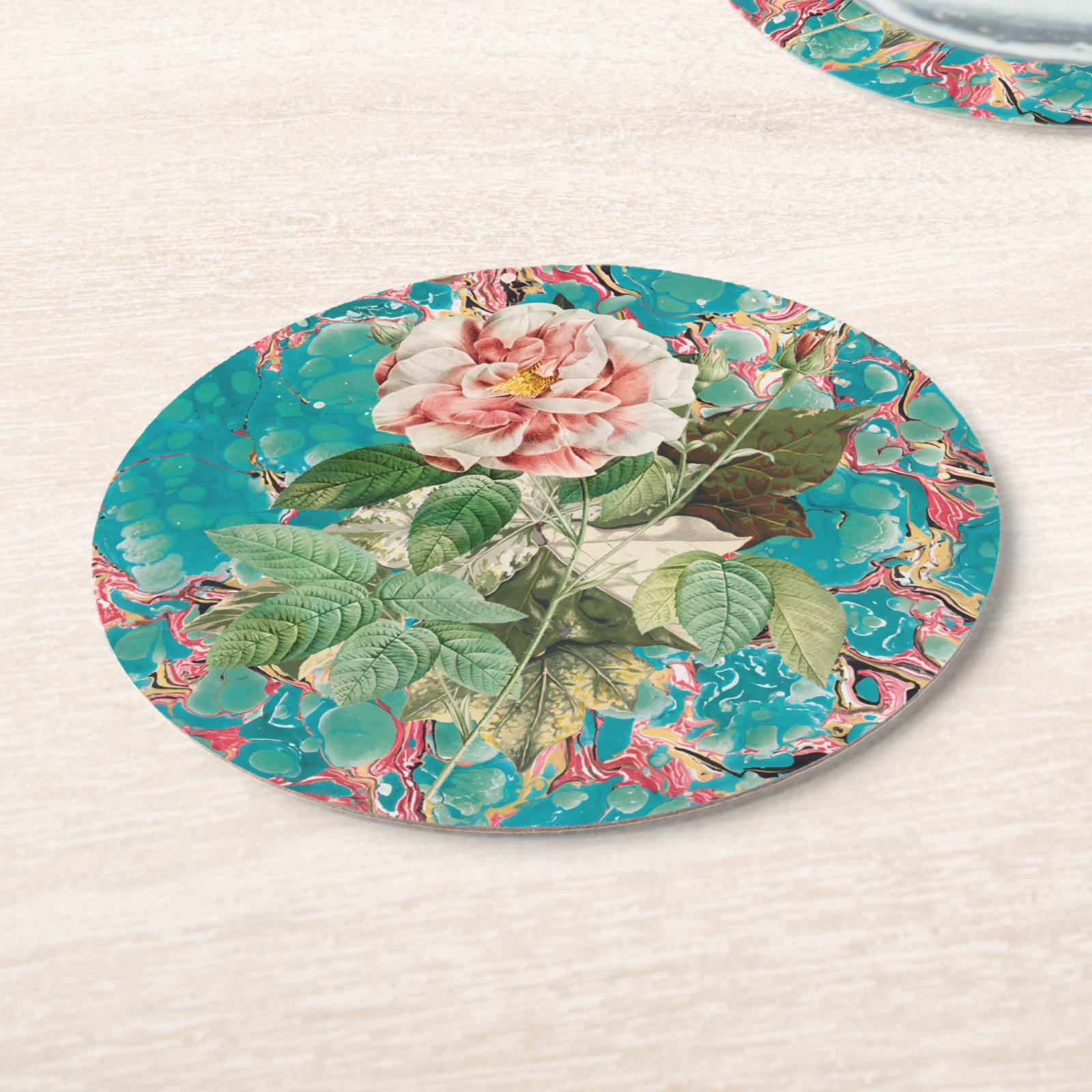 Les Fleurs Aqua Floral Paper Coasters — angled
