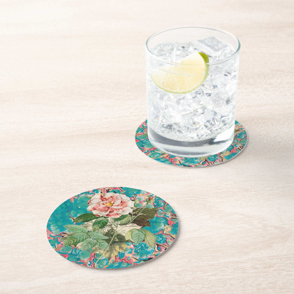 Les Fleurs Aqua Floral Paper Coasters — in situ