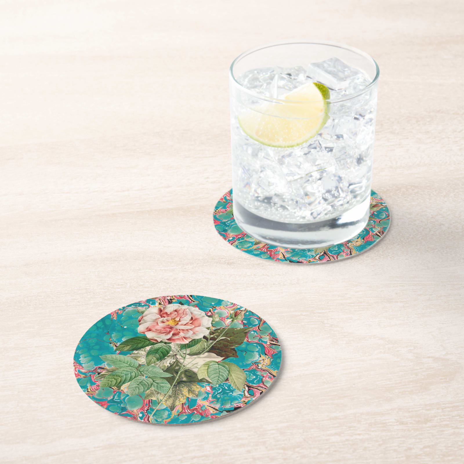 Les Fleurs Aqua Floral Paper Coasters — in situ