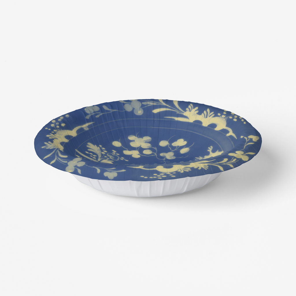 La Chinoiserie Cobalt chinoiserie garden paper plate angled