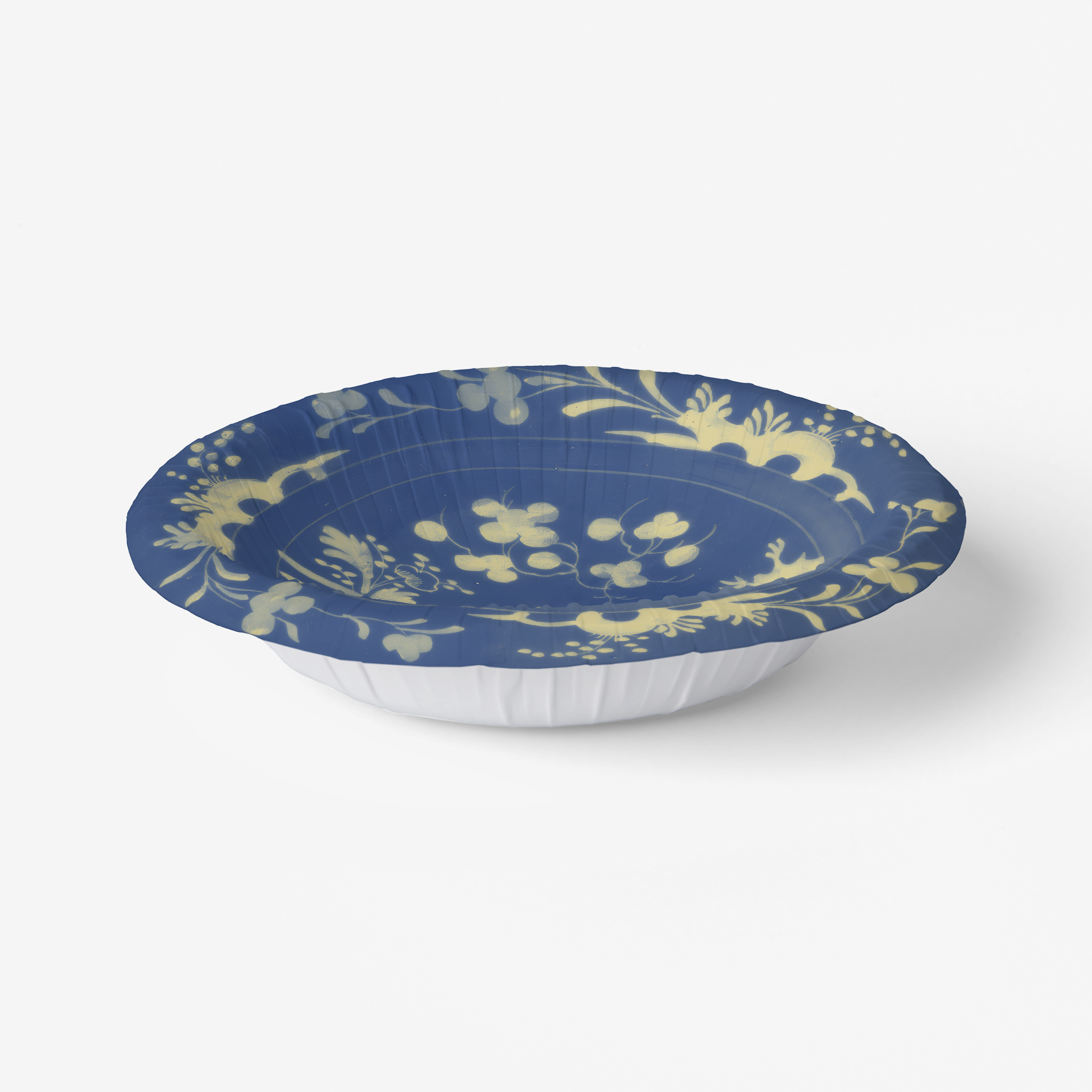 La Chinoiserie Cobalt chinoiserie garden paper plate angled