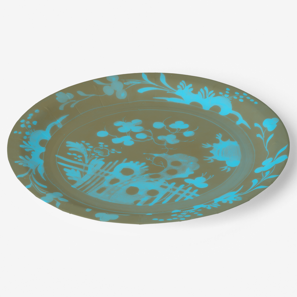La Chinoiserie Teal chinoiserie garden paper plate angled