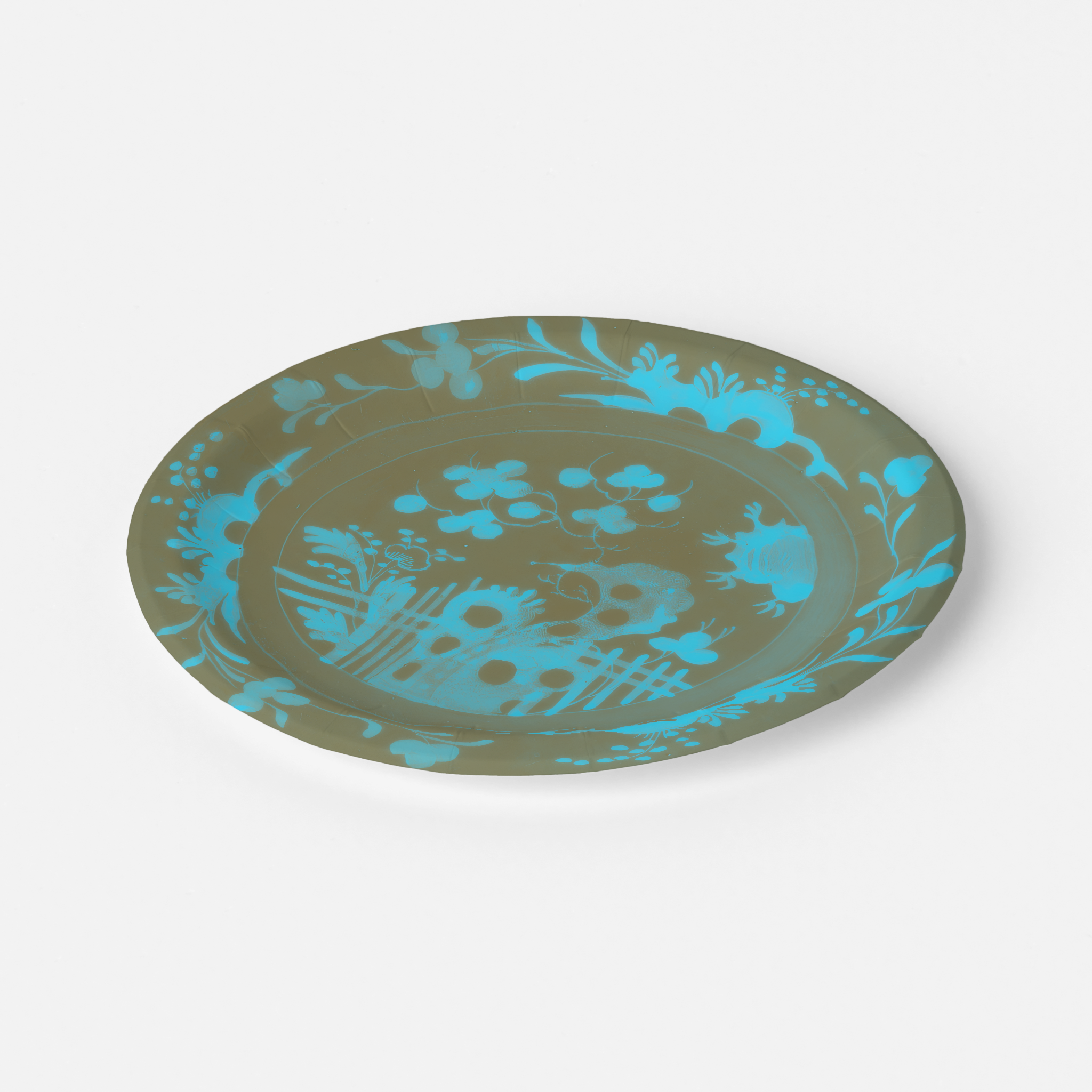 La Chinoiserie Teal chinoiserie garden paper plate angled