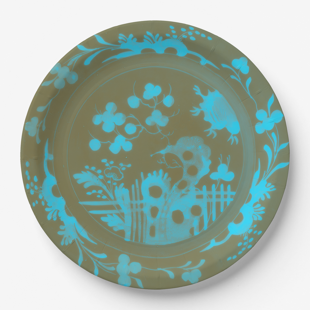 La Chinoiserie Teal chinoiserie garden paper plate