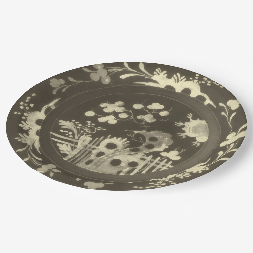 La Chinoiserie Fawn chinoiserie garden paper plate angled