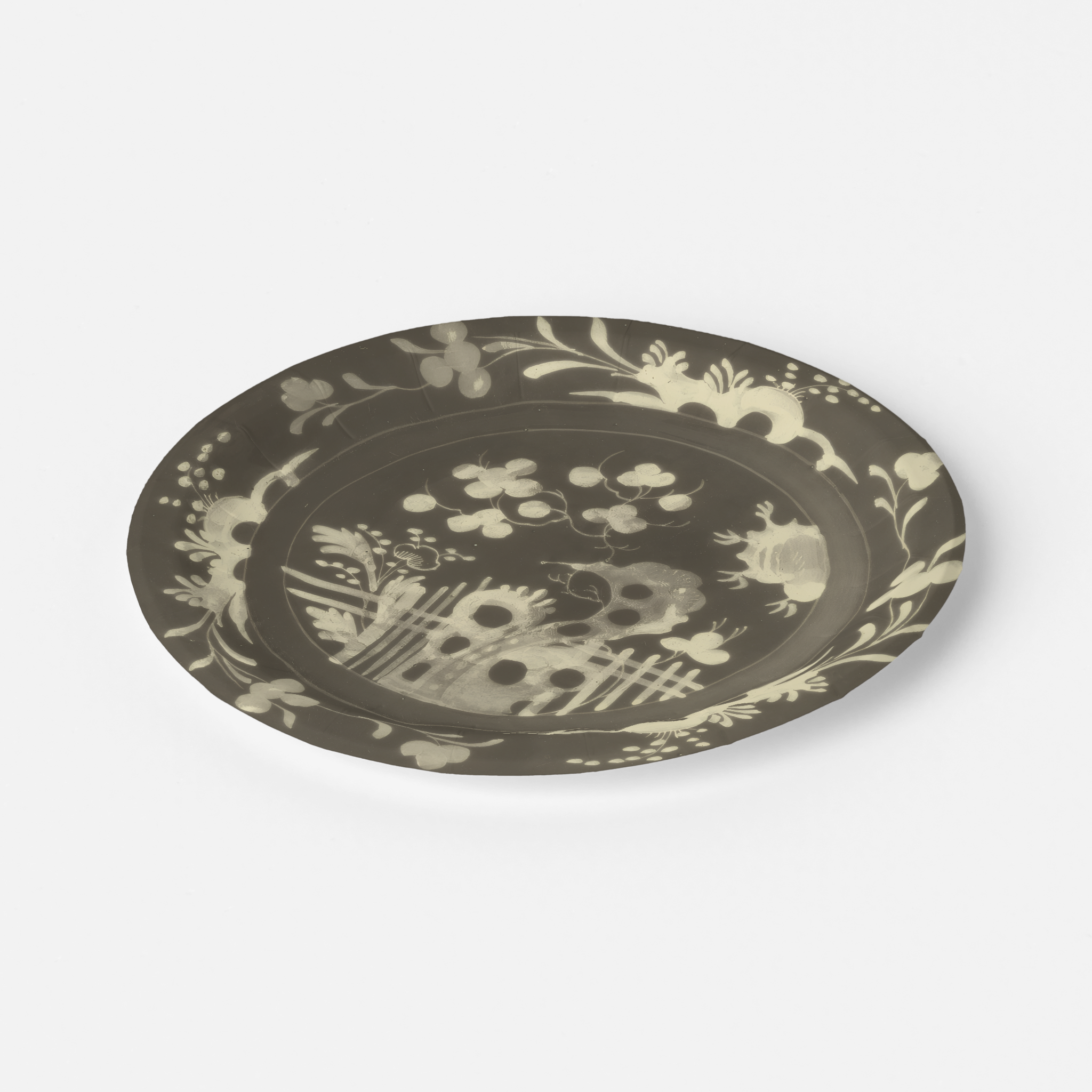 La Chinoiserie Fawn chinoiserie garden paper plate angled