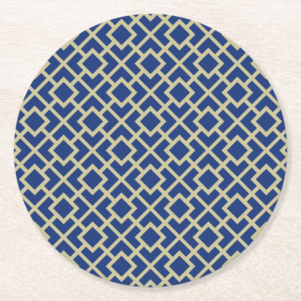 La Chinoiserie Cobalt Fretwork paper coaster, cream lattice on cobalt