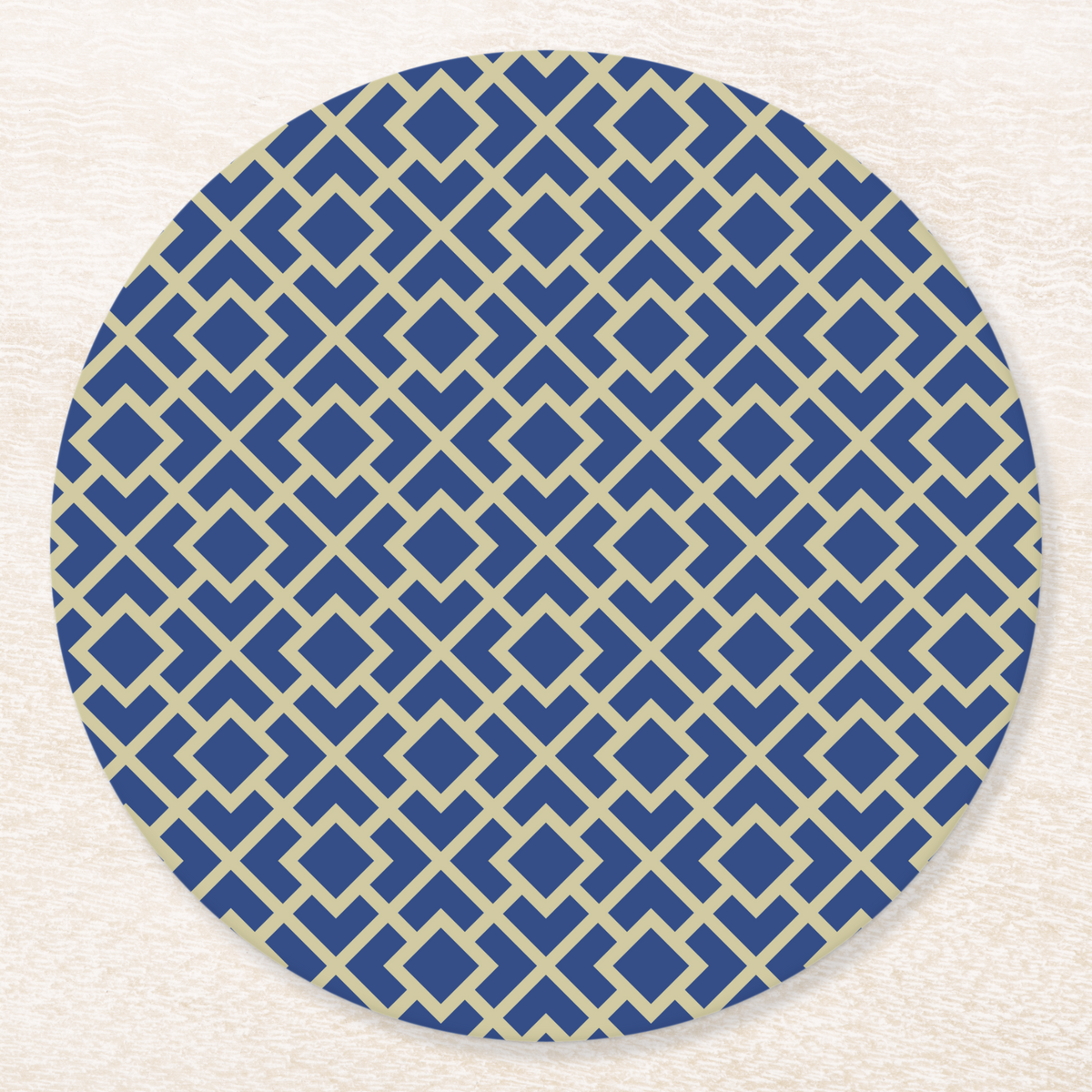 La Chinoiserie Cobalt Fretwork paper coaster, cream lattice on cobalt