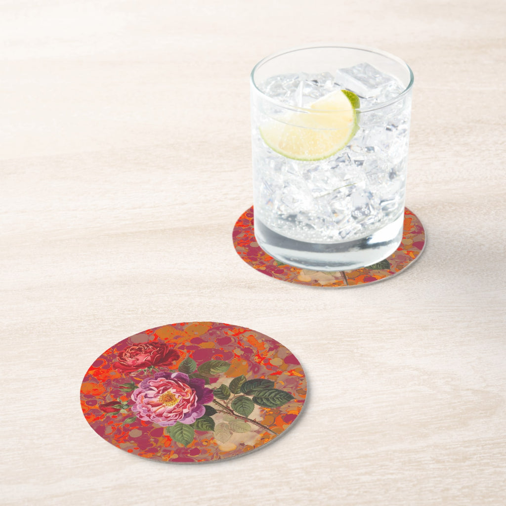 Les Fleurs Crimson Floral Paper Coasters — in situ