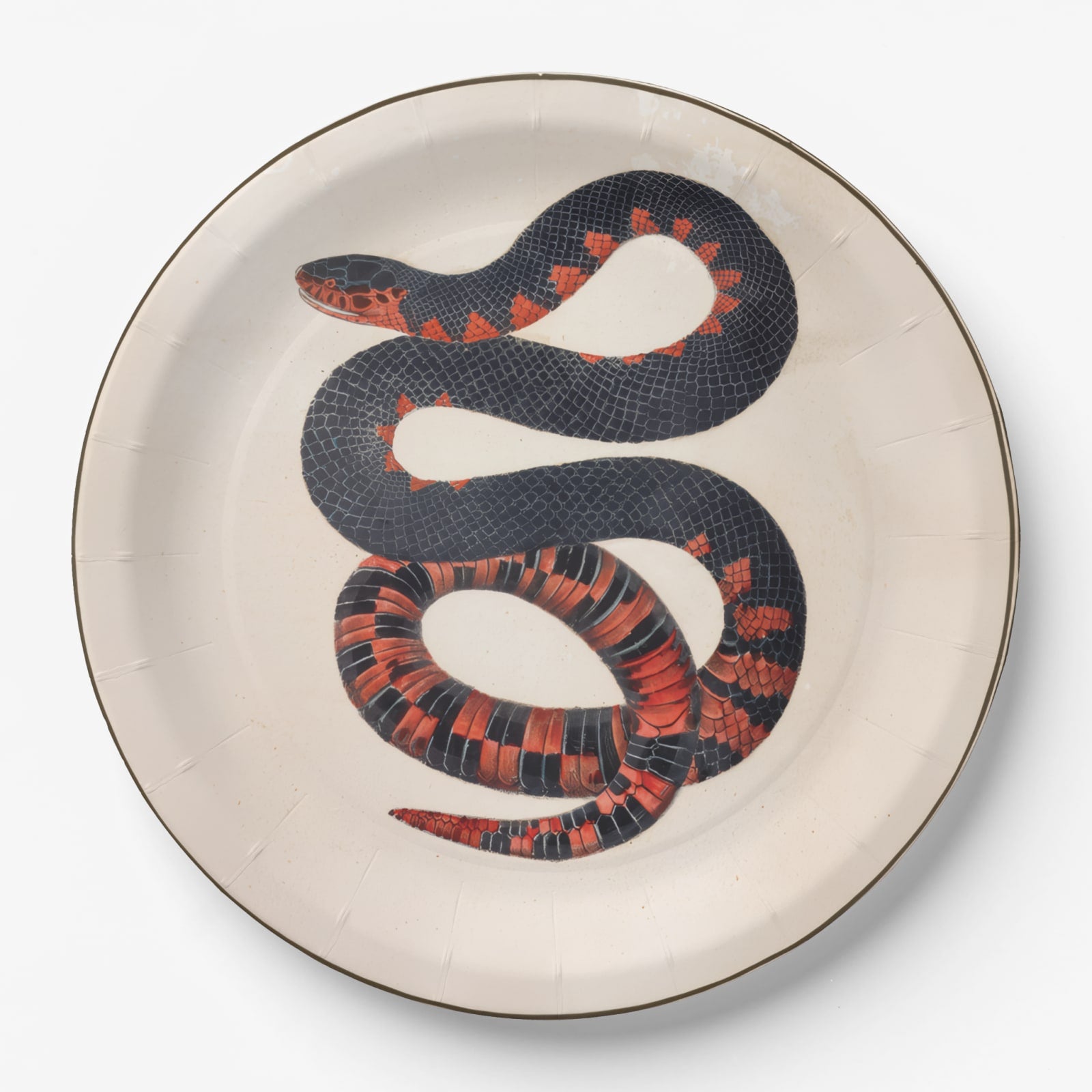 Red-Banded Snake antique snake Halloween paper plate, overhead