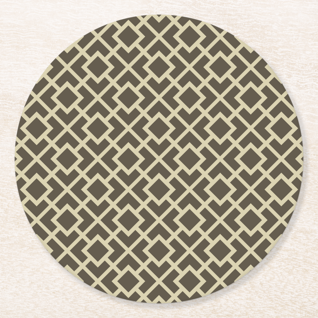 La Chinoiserie Fawn Fretwork paper coaster, cream lattice on dark khaki