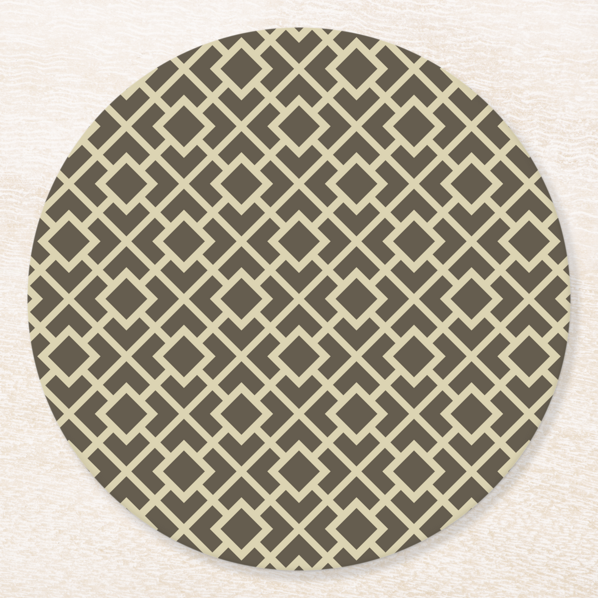 La Chinoiserie Fawn Fretwork paper coaster, cream lattice on dark khaki