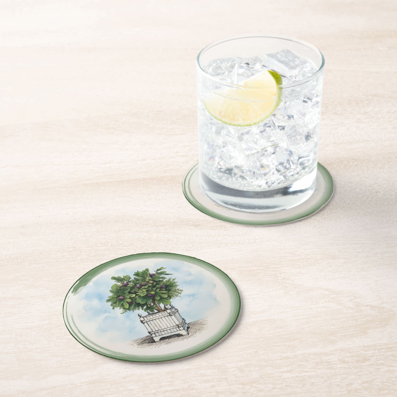 Le Jardin Français Fig Topiary Paper Coasters — in situ