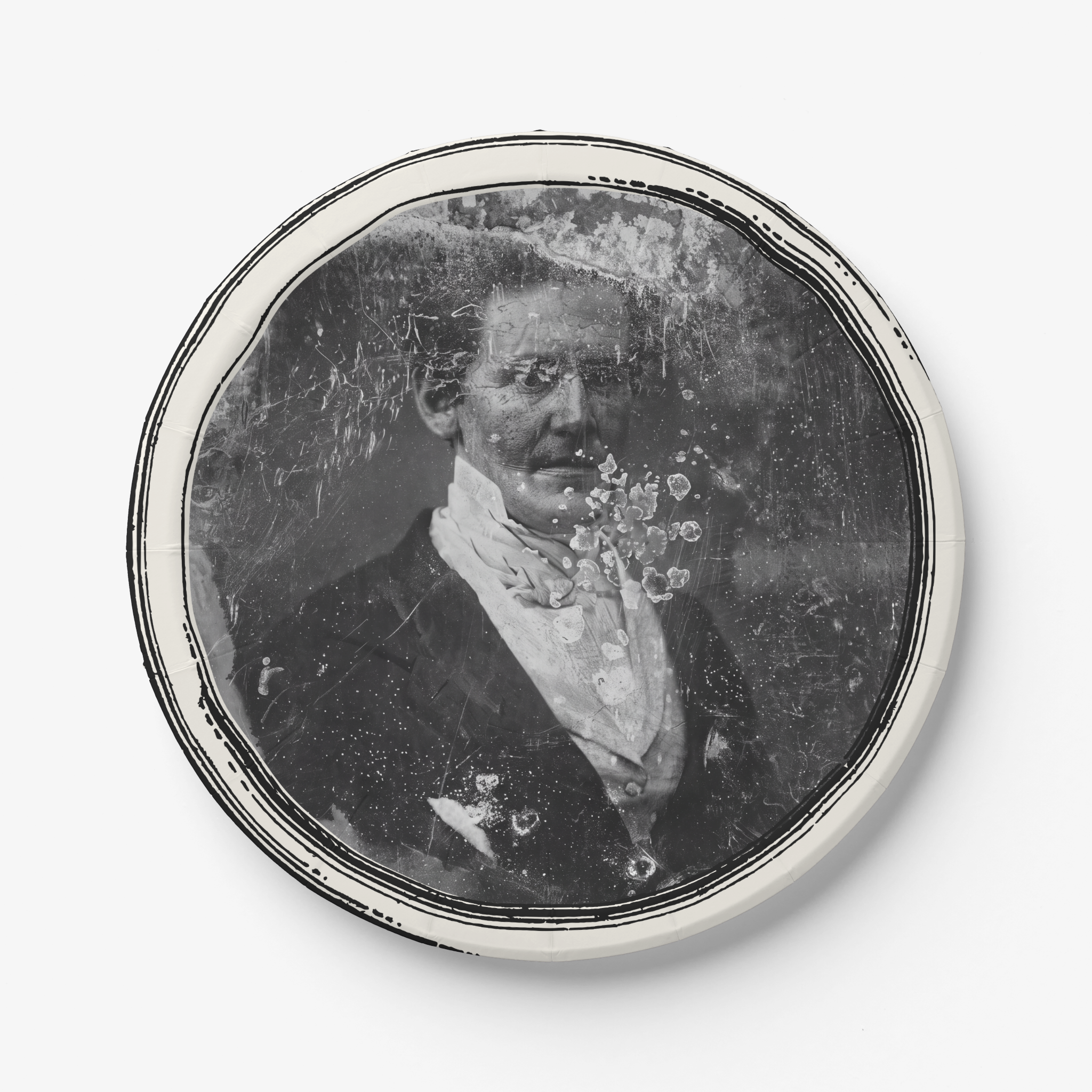 Le Docteur decayed daguerreotype ghost Halloween paper plate, overhead