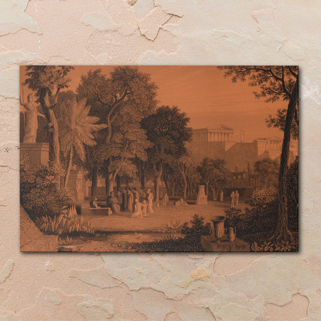 Tear-away Athens paper placemat, sepia engraving of the Parthenon and garden figures