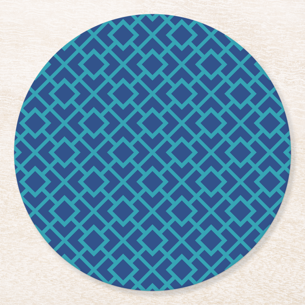 La Chinoiserie Lagoon Fretwork paper coaster, navy lattice on teal
