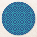 La Chinoiserie Lagoon Fretwork paper coaster, navy lattice on teal