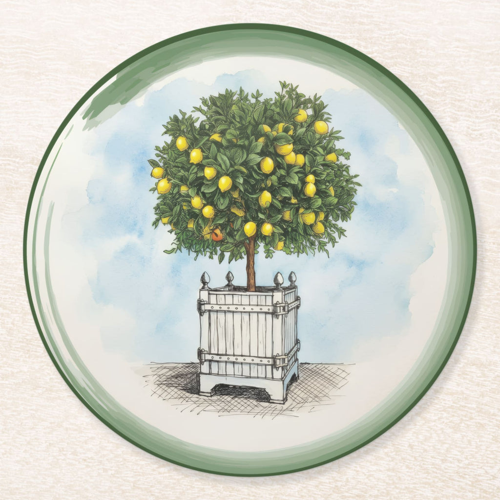 Le Jardin Français Lemon Topiary Paper Coasters — front