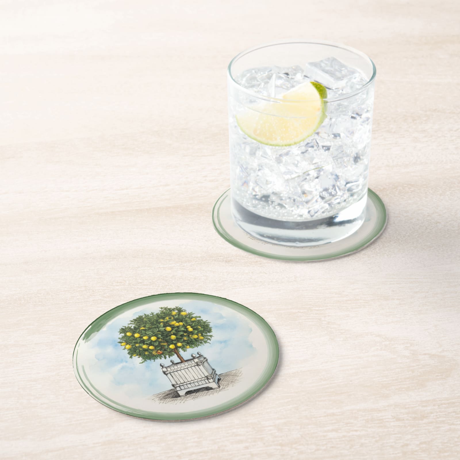 Le Jardin Français Lemon Topiary Paper Coasters — in situ