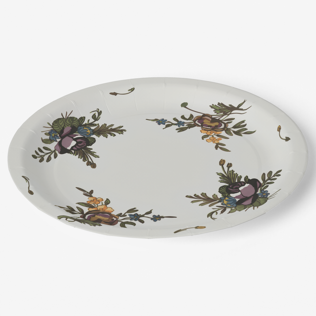 Moustiers four bouquet 9 inch paper dinner plate, angled view