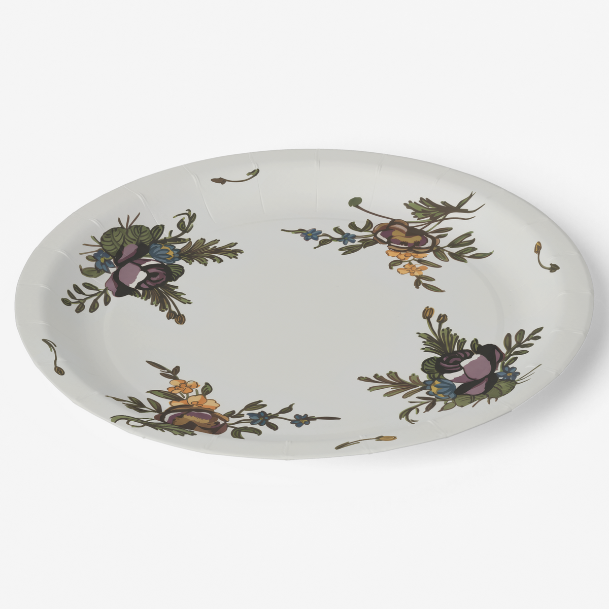 Moustiers four bouquet 9 inch paper dinner plate, angled view